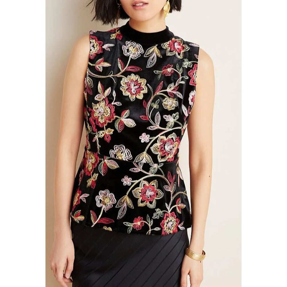 Eva Franco Black Floral Embroidered Sleeveless Top